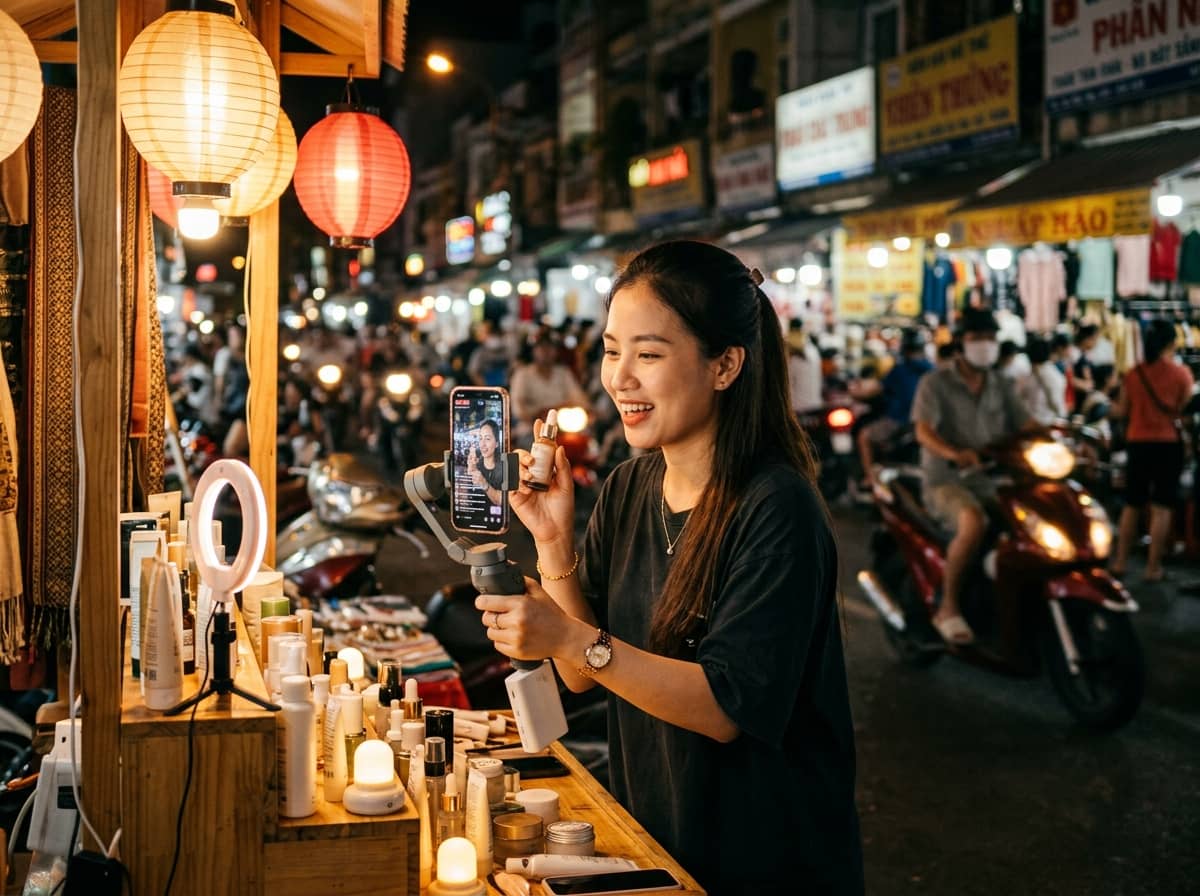 A seller livestreaming from her phone at a Saigon night market